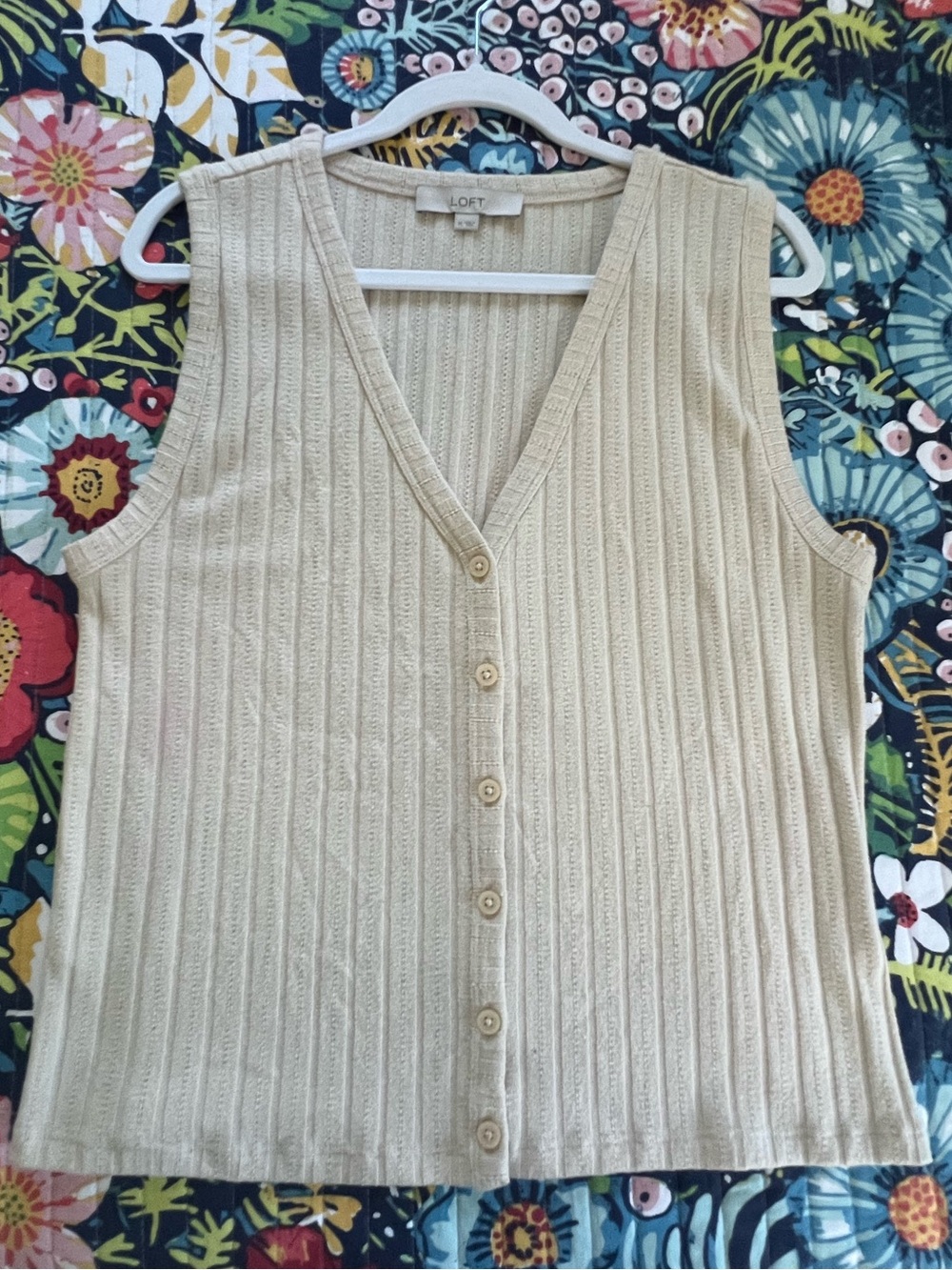 LOFT Cream Ribbed Button-Front Sweater Vest Knit Sleeveless Top